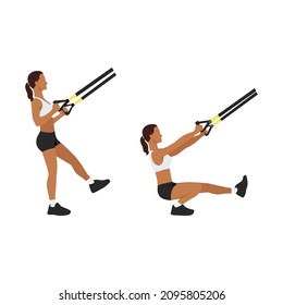 Woman Doing TRX Pistol. Single Leg Squat. Extended Arm Exercise. Flat Vector Illustration Isolated On White Background