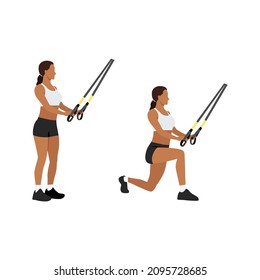Woman doing TRX Reverse lunges exercise. Flat vector illustration isolated on white background