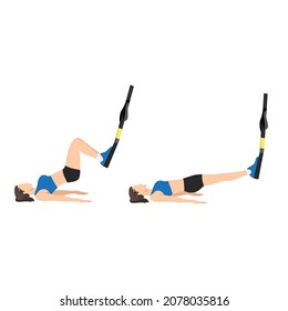 Woman doing TRX Suspension strap hamstring. Leg curls exercise. Flat vector illustration isolated on white background