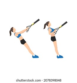 Woman doing TRX Suspension strap rows exercise. Flat vector illustration isolated on white background