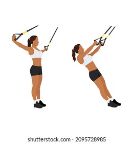 Woman doing TRX Suspension strap T Flyes exercise. Flat vector illustration isolated on white background
