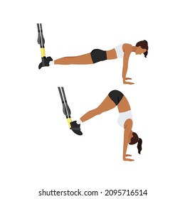 Woman doing TRX Suspension straps saw pikes exercise. Flat vector illustration isolated on white background