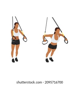 Woman doing TRX Suspension straps chest press exercise. Flat vector illustration isolated on white background