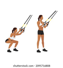 Woman doing TRX Suspension straps squats exercise. Flat vector illustration isolated on white background