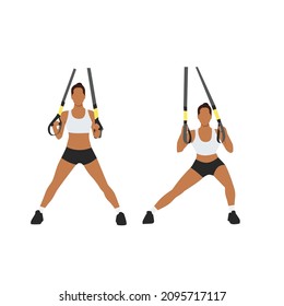 Woman doing TRX Suspension straps side step. Lateral lunges exercise. Flat vector illustration isolated on white background