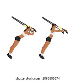 Woman doing TRX Suspension straps triceps extensions flat vector illustration isolated on white background