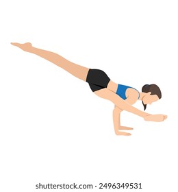 Woman doing Twisted One Legged Arm Balance Pose I or Koundinyasana I, Eka Pada Koundinyasana. Flat vector illustration isolated on white background