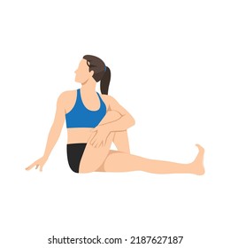 Woman doing Twisted Pose, Beautiful girl practice Vakrasana. Flat vector illustration isolated on white background