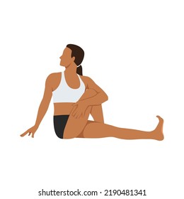 Woman doing Twisted Pose, Beautiful girl practice Vakrasana. Flat vector illustration isolated on white background