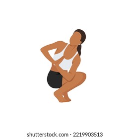 Woman doing Twisted Toestand Squat Pose. Beautiful girl practice Twisted Toestand Squat. Flat vector illustration isolated on white background