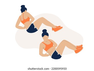 Woman doing twists abs exercises with raised legs for stomach weight loss toning