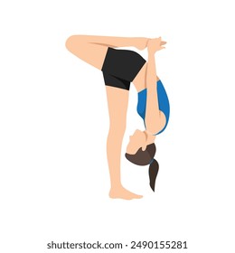 Woman doing unsupported Bound One Foot Intense Stretch Pose or Niralamba Baddha Eka Pada Uttanasana. Flat vector illustration isolated on white background