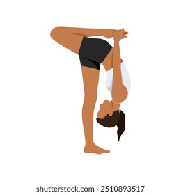 Mulher fazendo sem suporte Bound One Foot Intense Stretch Pose ou Niralamba Baddha Eka Pada Uttanasana. Ilustração de vetor plano isolada no plano de fundo branco