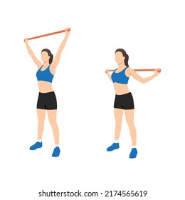 Woman doing Upper back overhead pull down with long resistance band exercise. Flat vector illustration isolated on white background