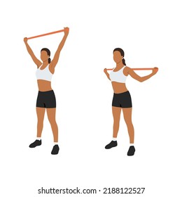 Woman doing Upper back overhead pull down with long resistance band exercise. Flat vector illustration isolated on white background