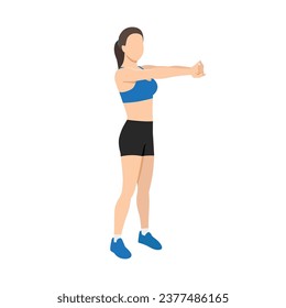 Mujer haciendo ejercicio de estiramiento superior. Ilustración vectorial plana aislada en fondo blanco