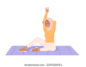 Woman doing upper-body stretches on mat semi flat color vector character. Editable figure. Full body person on white. Simple cartoon style illustration for web graphic design and animation