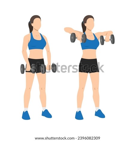 Woman doing upright dumbbell rows exercise. Flat vector illustration isolated on white background
