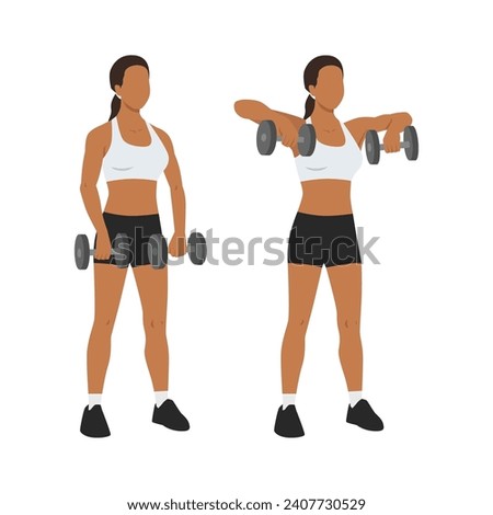 Woman doing upright dumbbell rows exercise. Flat vector illustration isolated on white background
