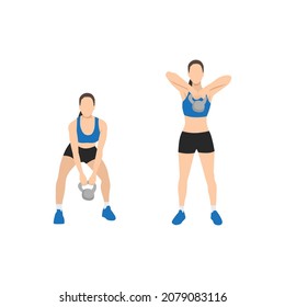 Woman doing Upright kettlebell front rows exercise. Flat vector illustration isolated on white background. workout character set