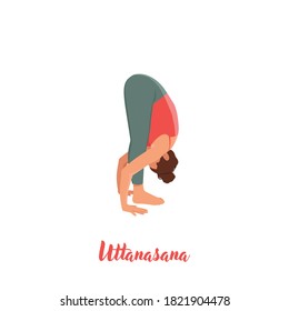 Woman doing Uttanasana. Standing forward bend. Caucausian woman performing yoga posture. Flat vector illustration isolated on white background