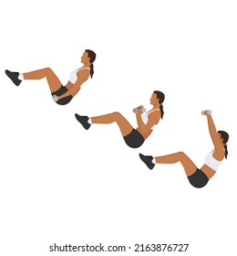 Woman doing V sit curl press exercise. Flat vector illustration isolated on white background