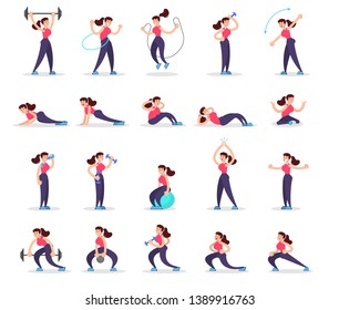 Woman doing various sport exercise set. Training in the gym, fitness activity. Muscle building concept. Vector illustration in cartoon style