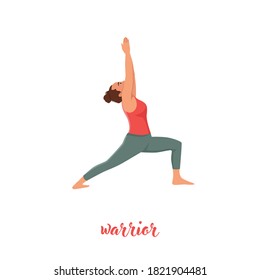 Woman doing virabhadrasana I,II,III. Warrior pose exercise. Flat vector illustration isolated on white background