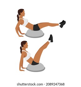 Woman doing v-ups exercise using Bosu ball flat vector illustration isolated on white background