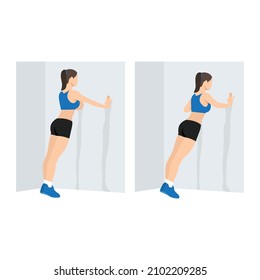 Woman Doing Wall Push Up. Standing Press Up Exercise. Flat Vector Illustration Isolated On White Background. Workout Character Set