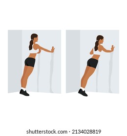 Woman Doing Wall Push Up. Standing Press Up Exercise. Flat Vector Illustration Isolated On White Background. Workout Character Set