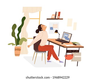 Woman doing warm-up at the workplace, vector flat illustration isolated. Girl practicing workout in the office, stretching by taking a break. Cartoon style.