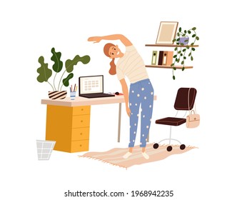 Mujer haciendo calentamiento en el lugar de trabajo, ilustración plana vectorial aislada. Niña practicando ejercicio en la oficina, estirando tomando un descanso. Estilo de caricatura.