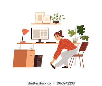 Woman doing warm-up at the workplace, vector flat illustration isolated. Girl practicing workout in the office, stretching by taking a break. Cartoon style.