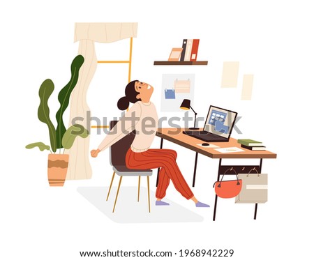Woman doing warm-up at the workplace, vector flat illustration isolated. Girl practicing workout in the office, stretching by taking a break. Cartoon style.
