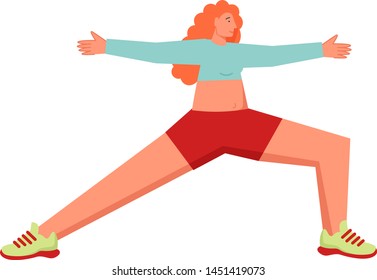 Woman doing Warrior 2 yoga pose, vector flat style design illustration isolated on white background. Yoga class, basic postures, exercises