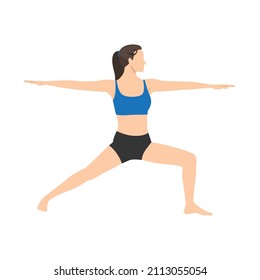 Woman doing warrior II pose virabhadrasana II exercise. Flat vector illustration isolated on white background