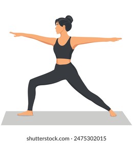 Woman doing warrior II pose virabhadrasana II exercise. Flat vector illustration isolated on white background.