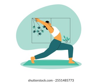 Woman is doing Warrior I pose, with right leg in front and knee bent, while left leg is straight behind, her hands are stretched upwards, parallel to ears, meditation vector illustration.