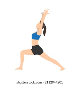 Woman doing warrior I pose virabhadrasana exercise. Flat vector illustration isolated on white background