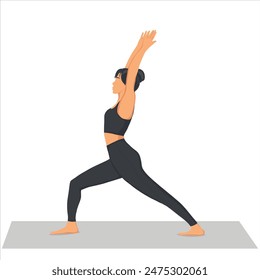 Woman doing warrior I pose virabhadrasana exercise.Yogi girl performing physical activity isolated on light background. Flat vector illustration.