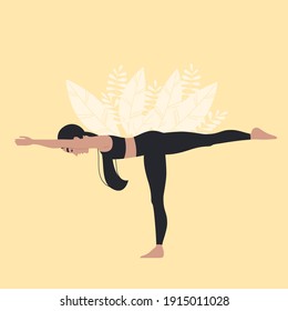 Woman doing Warrior Three pose. Concept illustration. Background with leaves. Yoga, meditation, healthy lifestyle, relax.