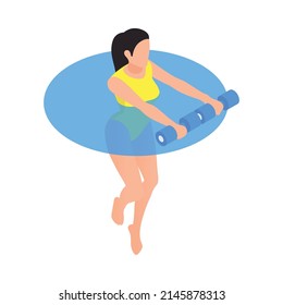 Woman doing water fintess with dumbbells in swimming pool isometric 3d icon vector illustration