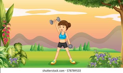 Woman doing weighlifting in the park illustration