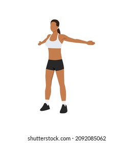 Woman doing Wide arm chest stretch. Reverse butterfly exercise. Flat vector illustration isolated on white background