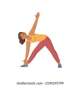 Woman doing wide legged forward bend twist pose, flat cartoon vector illustration isolated on white background. Wide twisted legs and one hand up, pilates and stretching