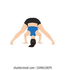 Woman doing wide legged forward bend pose prasarita padottanasana exercise. Flat vector illustration isolated on white background