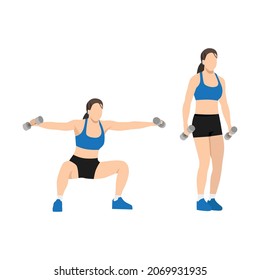 Woman Doing Wide Pop Squat With Lateral Raise Exercise. Flat Vector Illustration Isolated On White Background