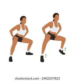 Woman doing Wide squat with calf raises exercise. Flat vector illustration isolated on white background