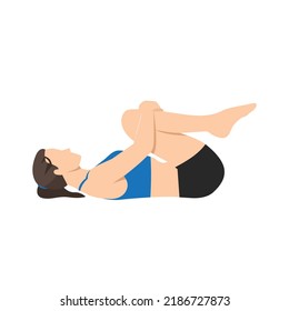 Woman doing Wind Release Pose, Gas Release Pose, Resting Gas Release Pose, Apanasana, Apasana. Practice Pawanmuktasana. Flat vector illustration isolated on white background